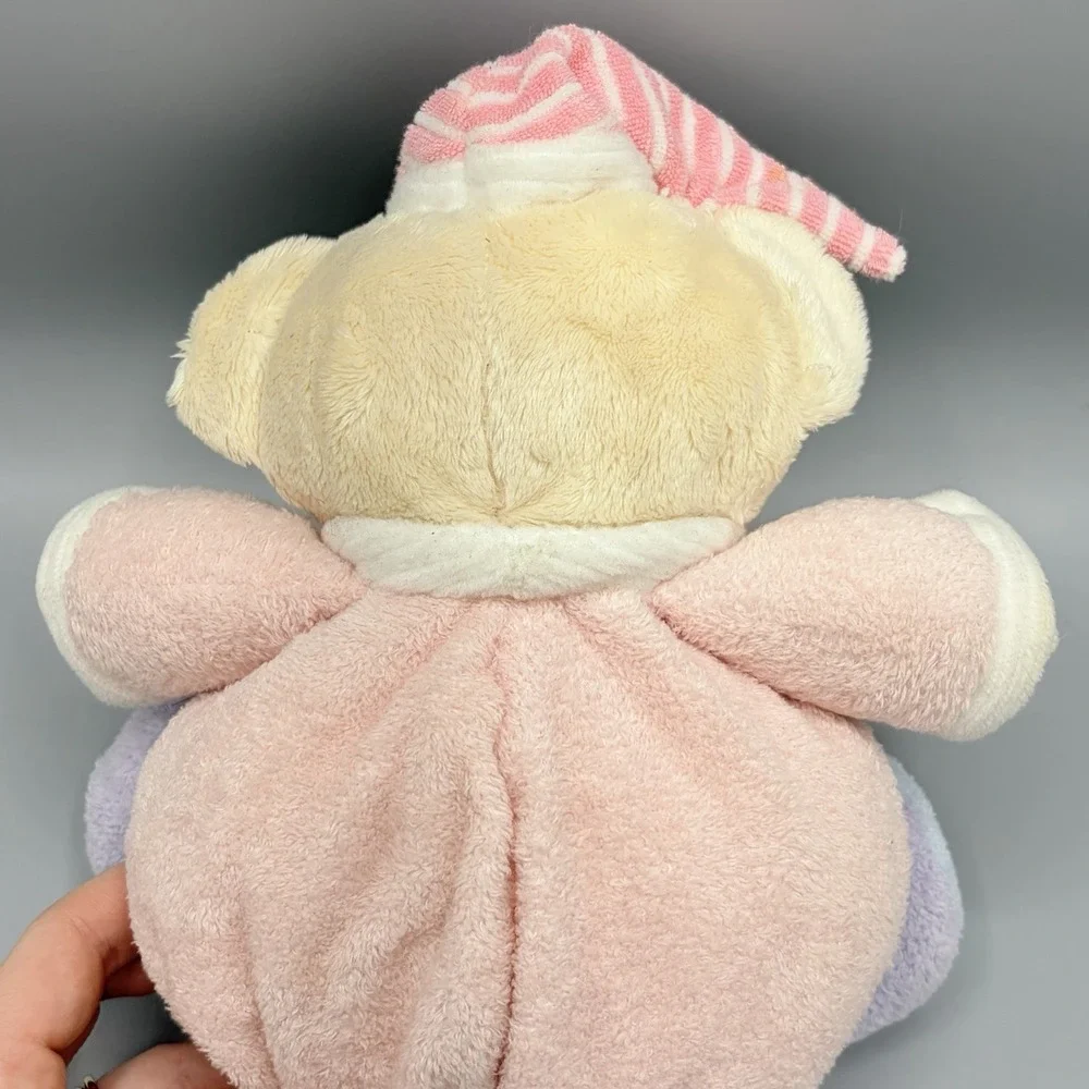 Soft Classic Pastel Teddy Bear w/Night Cap Plush Stuffed Baby Rattle Lovey 9.5